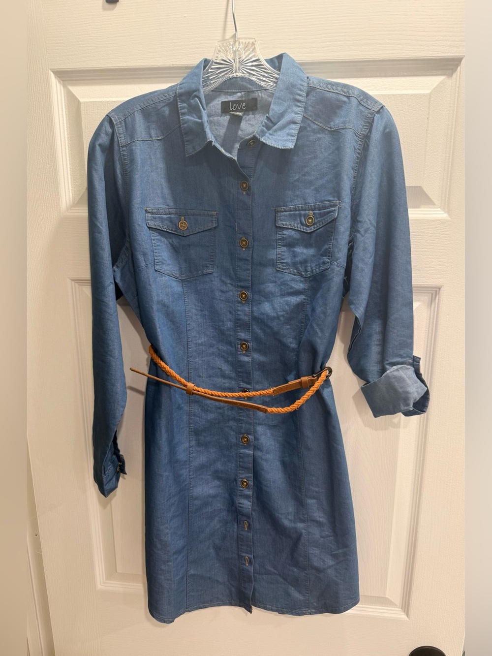 Women's LOVE denim button down dress size MED.
